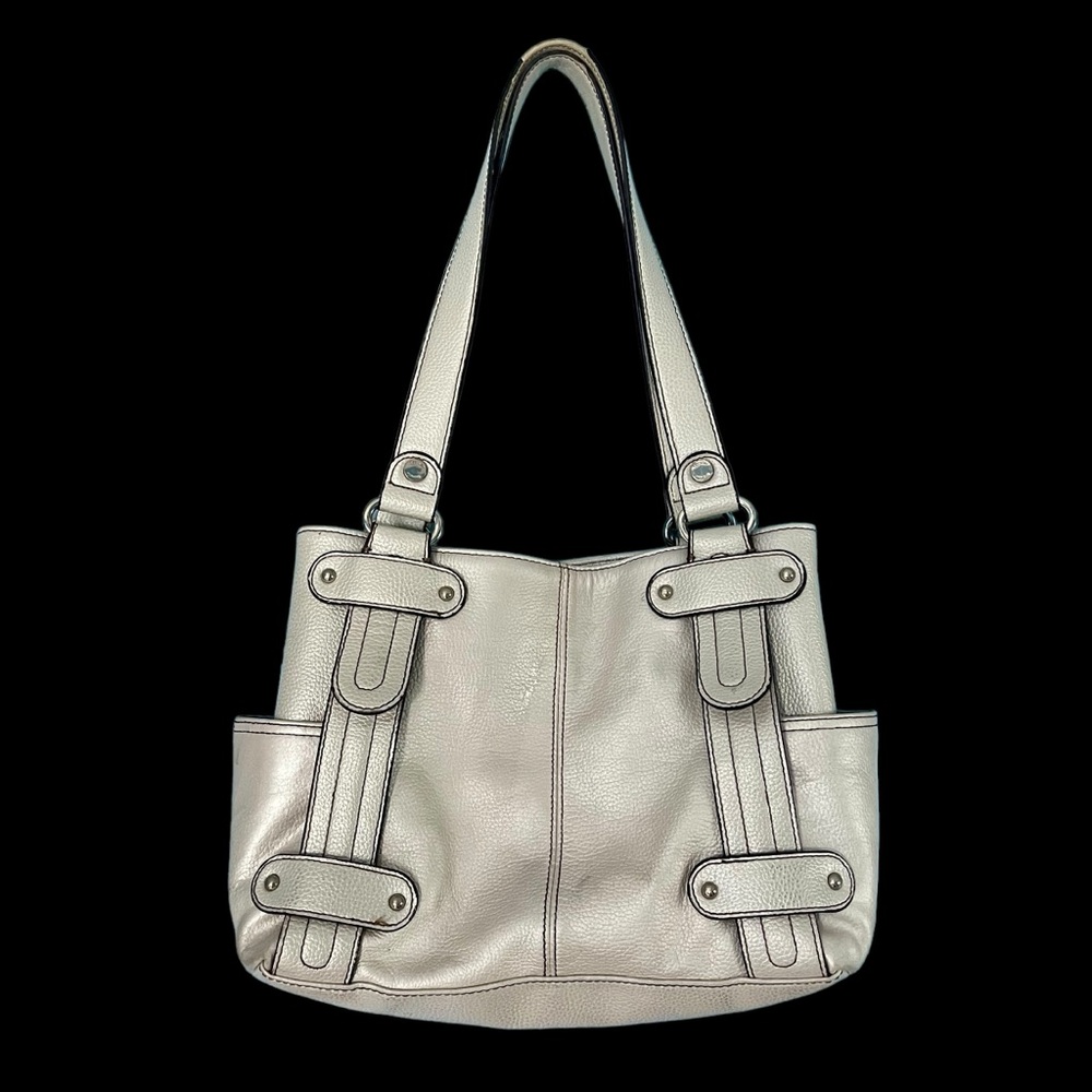 Tignanello Perfect 10 Studded Shopper Pewter Pebble Leather Shoulder Purse 12" W